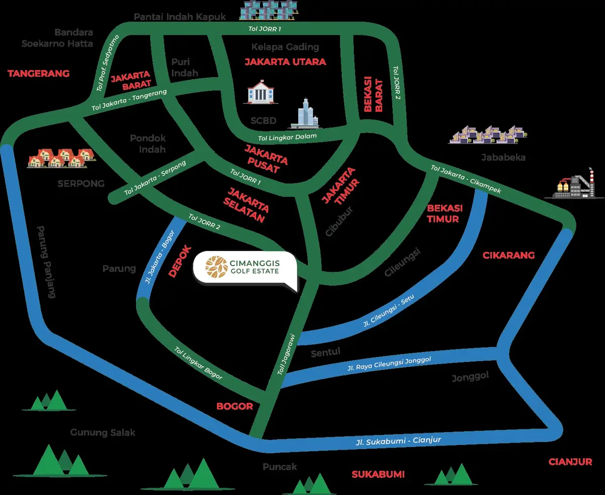 Cimanggis Golf Estate — Lokasi Strategis Jl. Cimanggis Boulevard, Tapos, Depok, tepat di Exit Tol Jagorawi KM 19