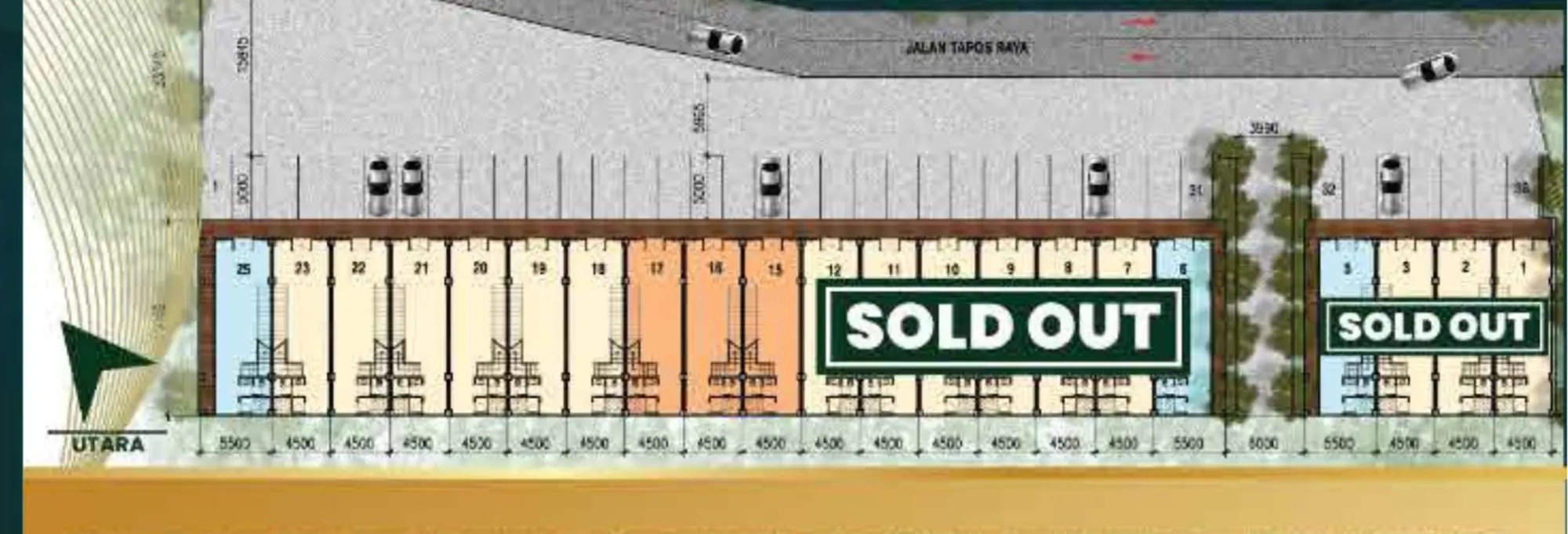 Ruko Emerald — Siteplan Deretan Unit Menghadap Jalan Tapos Raya (penanda UTARA)